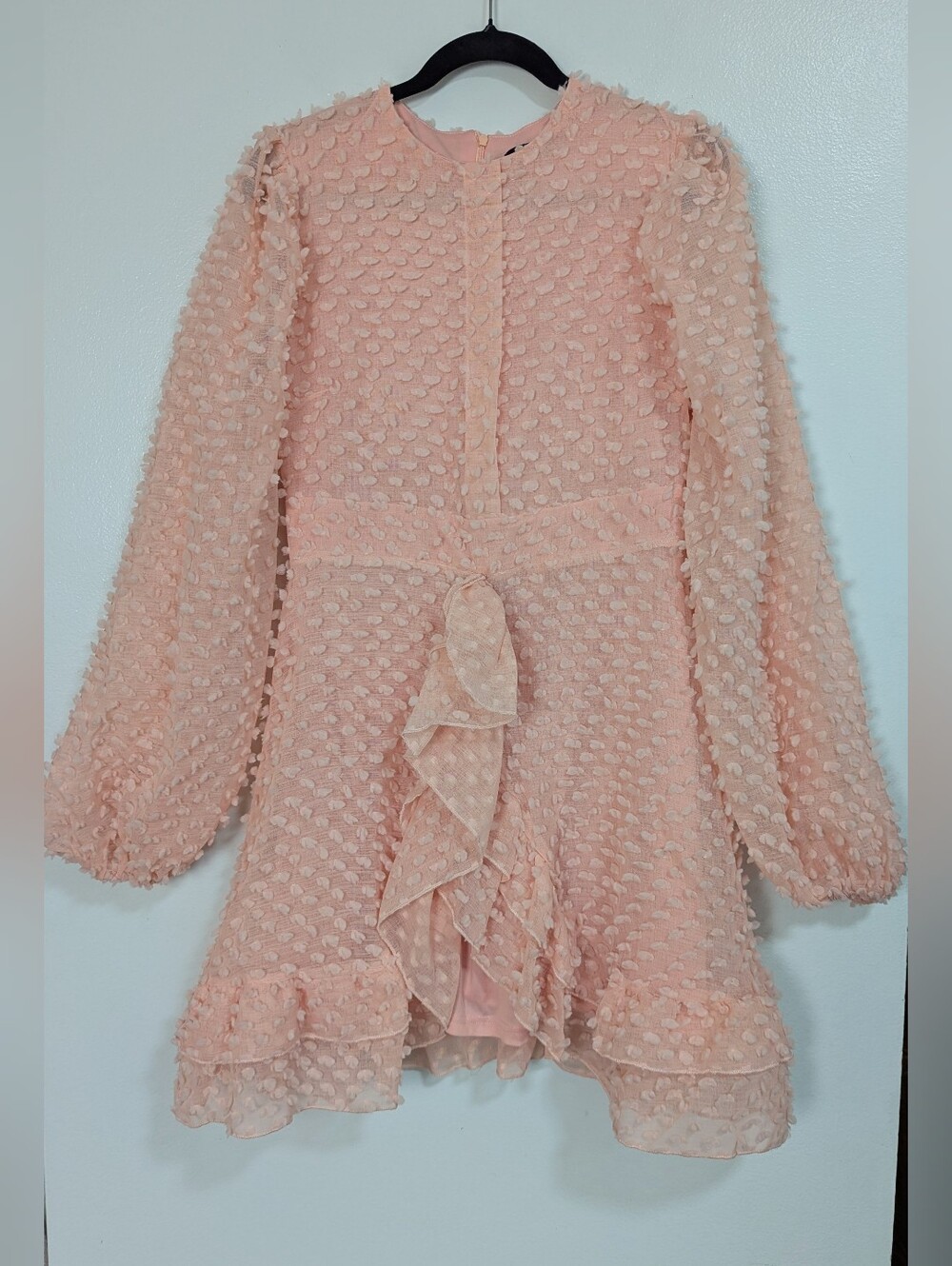 Miss Ord Coral Pink Swiss Dot Ruffle Long Sleeve Mini Dress XL